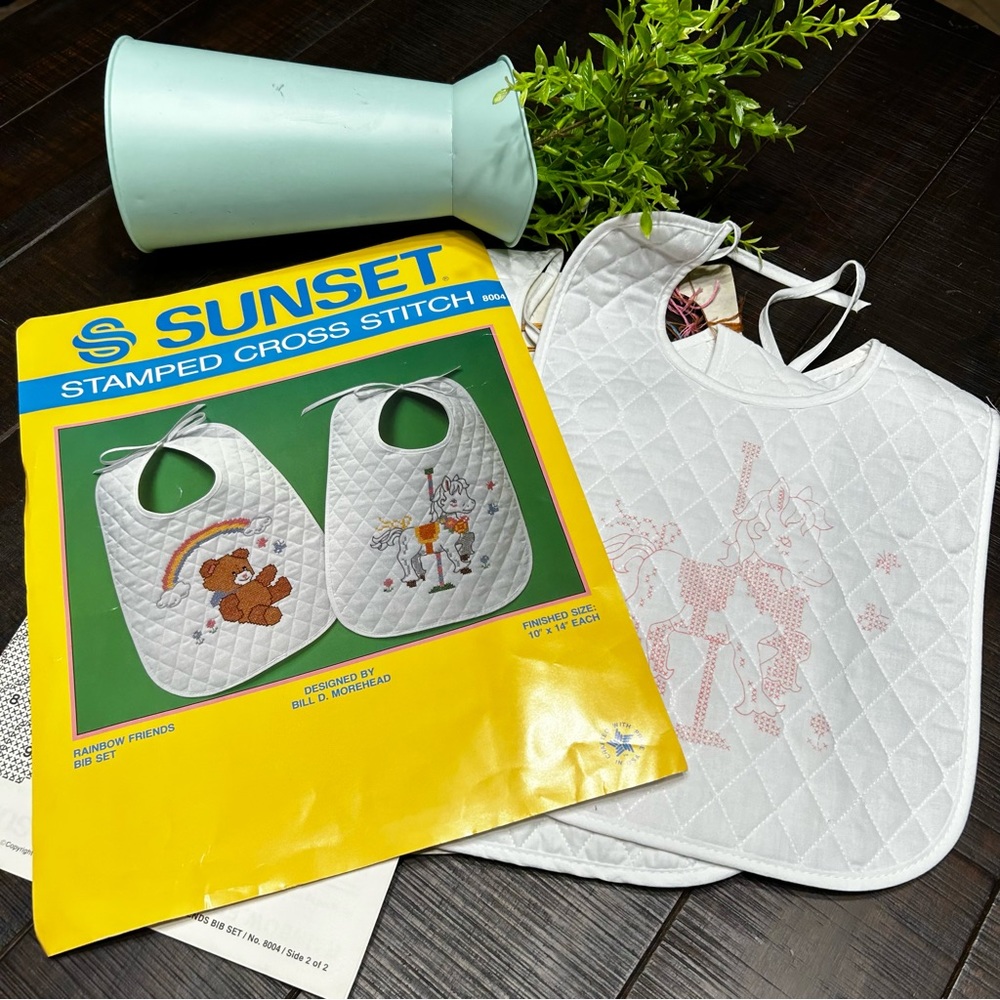 Sunset Stamped Cross Stitch Rainbow Friends Bib Set
